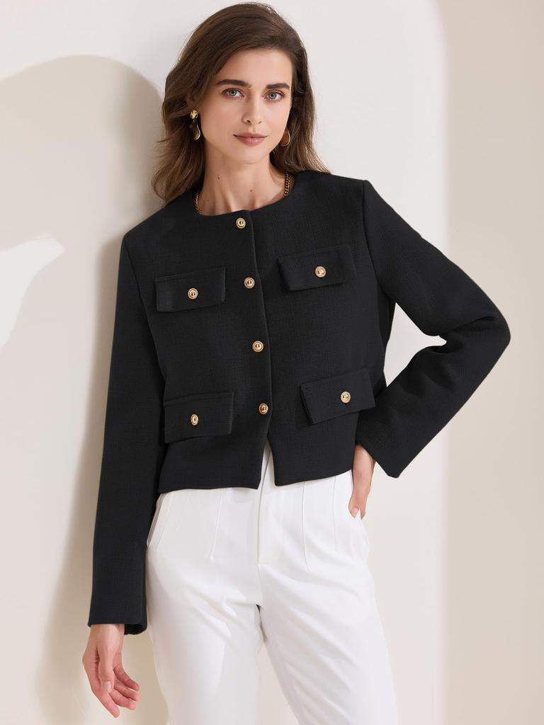 Allegra K Women's Cropped Tweed Jacket, Long Sleeve, Button-Down, Fall/Winter, Commuting, Business Blazer, Black, Size S