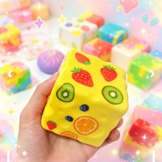 Cube Slow Rising Squeeze Toy, Maltose Texture Stress Relief Fidget, Soft Chewy Sensory Desk Decor with Gradient Tie-Dye, Portable Anxiety Relief Toy
