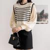 Women's Off-White Retro Patchwork Chiffon Striped Knit Sweater Shirt, One Size, Black, Korean Niche Design.
