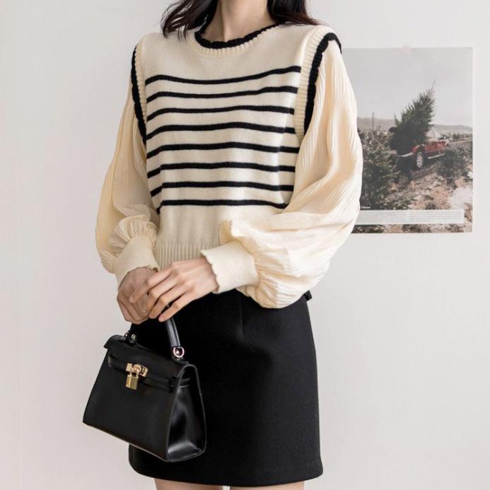 Women's Off-White Retro Patchwork Chiffon Striped Knit Sweater Shirt, One Size, Black, Korean Niche Design.