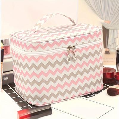 1pc Mignon Sac Cosmétique Chevron Rose & Blanc avec Poignée - Durable, Portable Organisateur de Maquillage de Voyage avec Compartiments Multiples pour Cosmétiques pour Femmes
