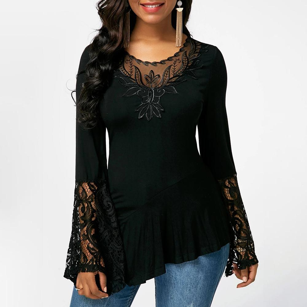Womens Sexy Autumn Plus Size Solid Pullover Long Flared Sleeve Tshirt Ladies Printed Tunic Tops Blouses Clothing