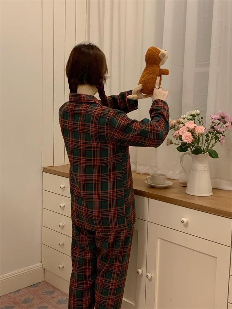 Podzimní/Zimní Korejská Kostkovaná Pár Pyžamová Sada - Dlouhý Rukáv, Dlouhé Kalhoty na Vánoce.