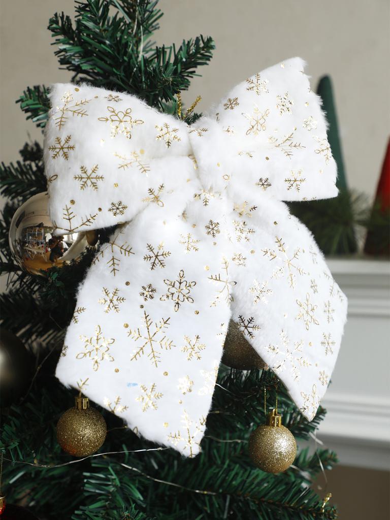 Christmas Tree Topper Bow White Furry with Gold Snowflake Print Hanging Ornaments Festive Xmas Tree Decor for Home & Party Gift