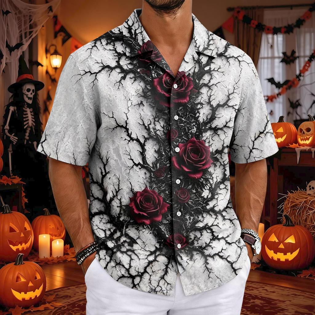 Men's Halloween Cuban Collar Short Sleeve Shirt Loose Fit Casual Party Top