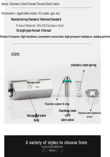 304 Stainless Steel Female Thread One-Way Check Valve, Gas/Water Pipe Backflow Preventer, Hexagonal 1/4" & 1/2" Internal Thread.