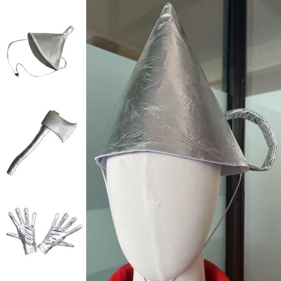 3 ks Halloweenská plechová sada kostýmních doplňků Stříbrný klobouk ve tvaru trychtýře Rukavice a sekera Sada pro dospělé Děti Cosplay Party Maškarní