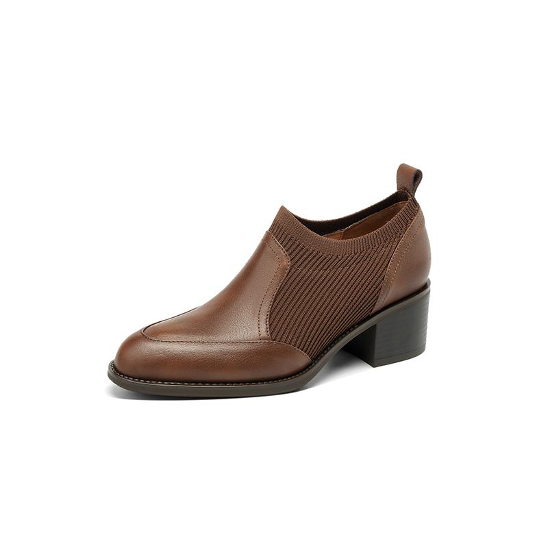 2024 New Genuine Leather Top Quality Retro Shoes Woman Spring Slip On Dress Black Round Toe Ladies Loafers High Heel Shoes