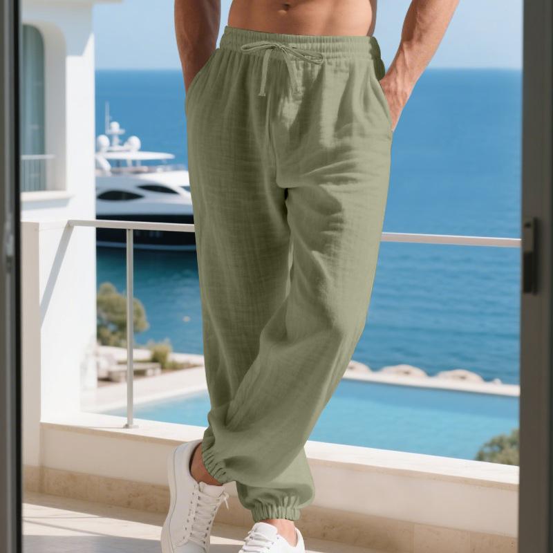 Four Seasons New Linen Men's Pants at Home Casual Simple Loose Wide-leg Ties Trousers
