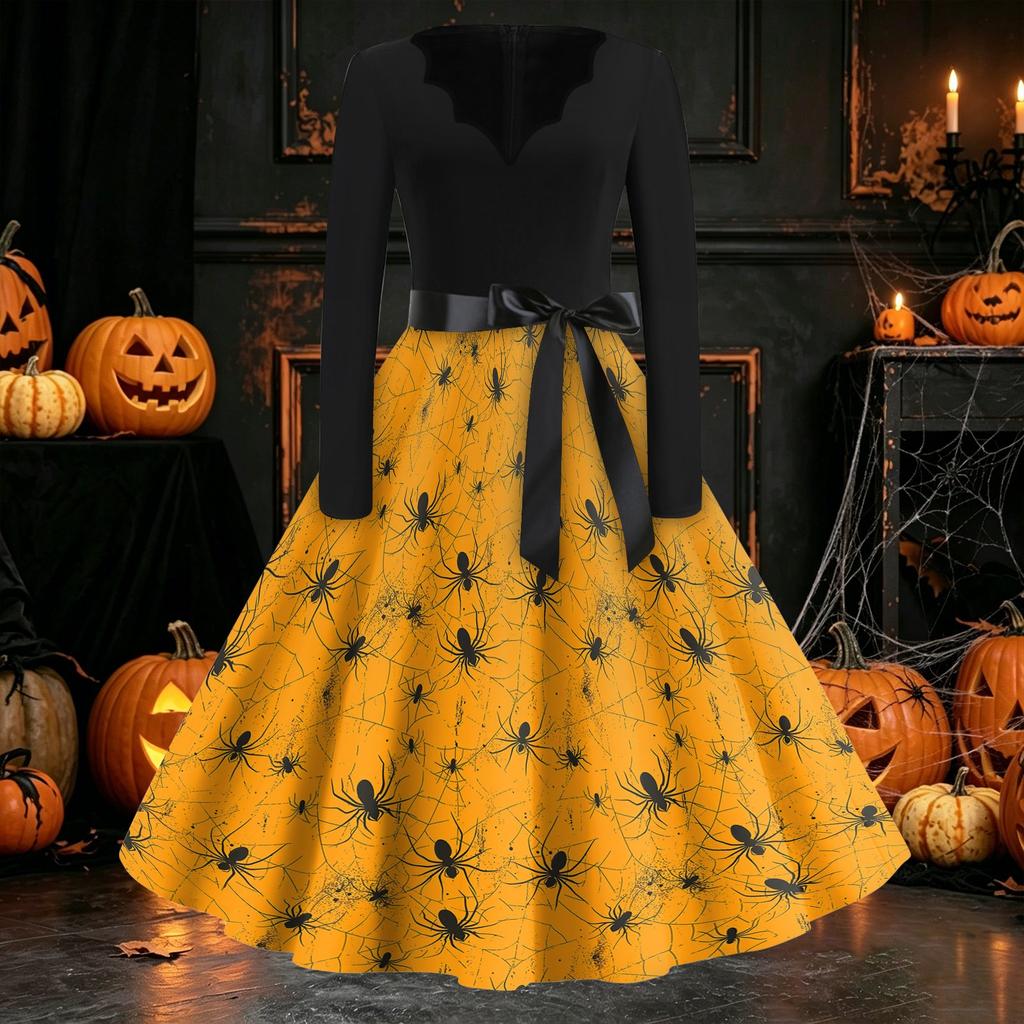 Damen Freizeitkleid mit langen Ärmeln und V-Ausschnitt, Vintage-Stil, mit Halloween-Kürbisdruck, Retro-Stil, Vollrockkleid mit Taillengürtel für saisonale Kleidung
