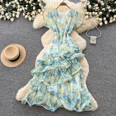 French Gentle Wind V-neck Floral Dress Women's Summer Irregular Short Sleeves Waist Thin A-shaped Long Dress Vacation Style