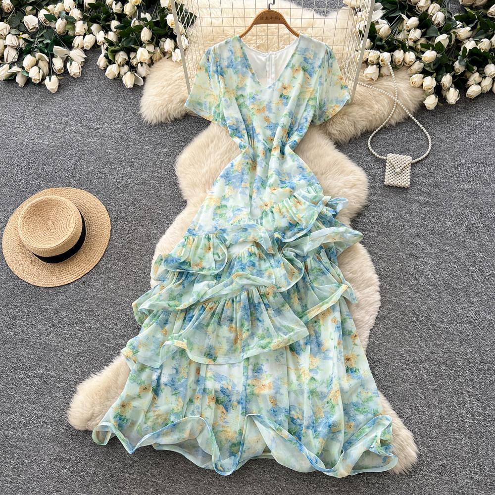 French gentle wind V-neck floral dress women's summer irregular short sleeves waist thin A-shaped long dress vacation style