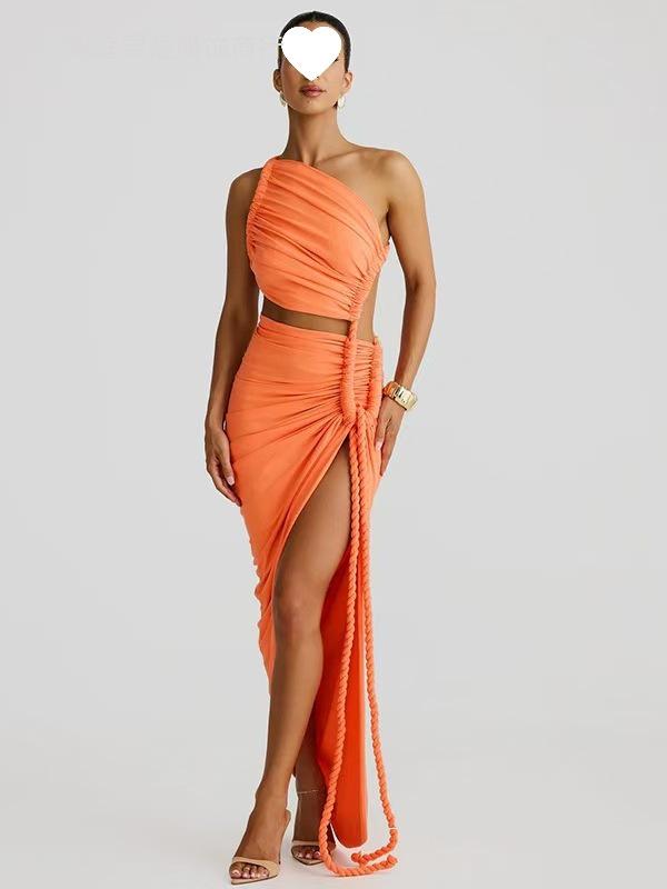 Women's One-Shoulder Ruffled Bandeau Dress: Sexy Summer Backless Split Long Dress