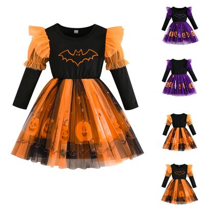 Toddler Girls Long Sleeve Halloween Dress with Pumpkin Print Puffy for Party