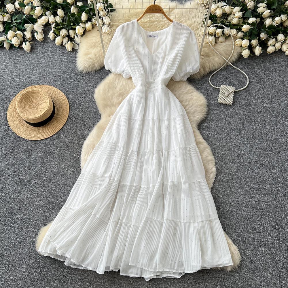 French V-neck small diamond temperament dress women's summer waist and thin A-shaped cake long dress dopamine wind
