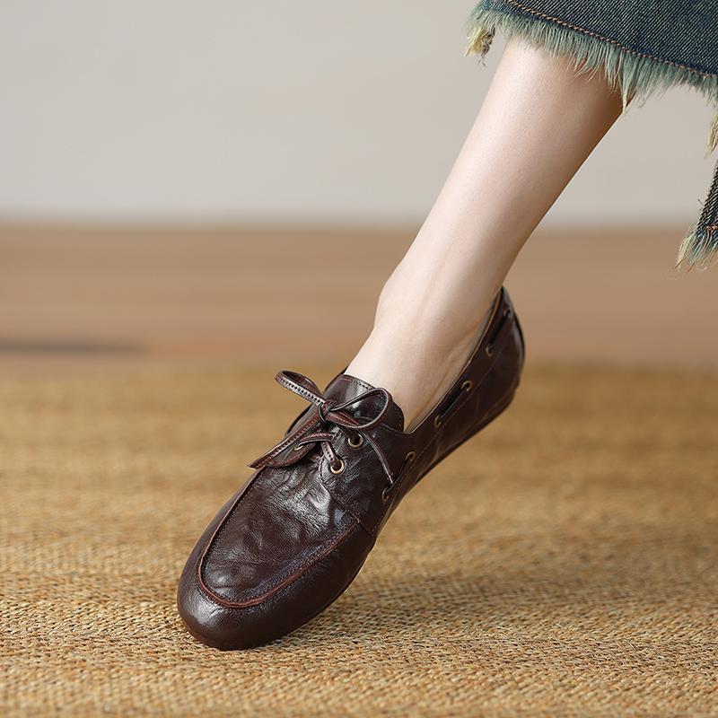 Fashion 2025 Spring Summer New Women Lace-up Flat Shoes Loafers Slip on Genuine Leather Casual Daily Work Shoes Comfort Office Pumps