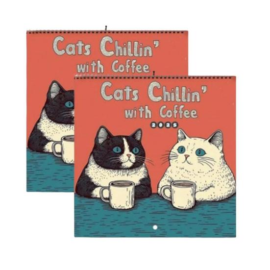 1/2Pcs 2025 Wall Calendar Cats Chillin' with Coffee Wall Calendar 12 Monthly Coffee Cats Calendar Family Office Organizer for Cat Lover Gift