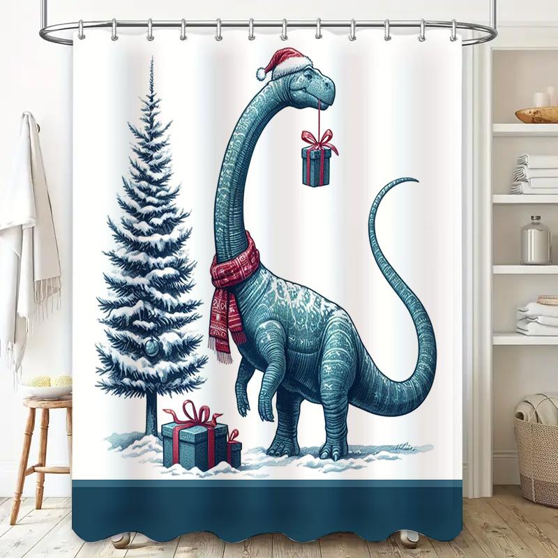 Christmas Dinosaur Shower Curtain, Blue Long Neck Dino in Santa Hat with Gifts, Fun Festive Bathroom Decor for Kids