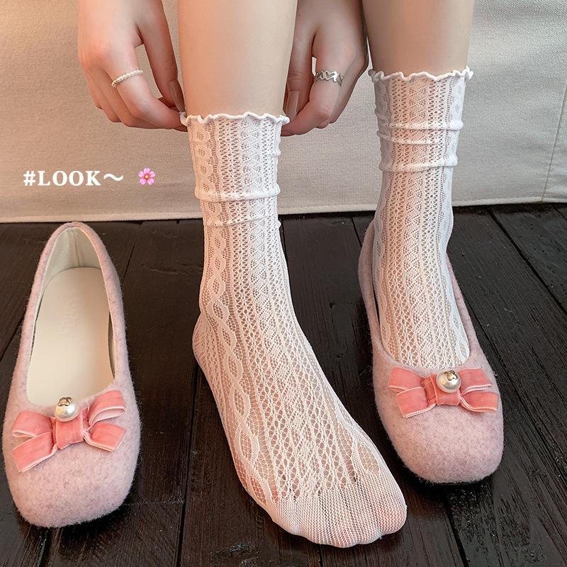 

Summer Thin Lace Pile Socks for Girls, Mesh Ballet-style Hollowed-out Mid-calf 1 pair білий