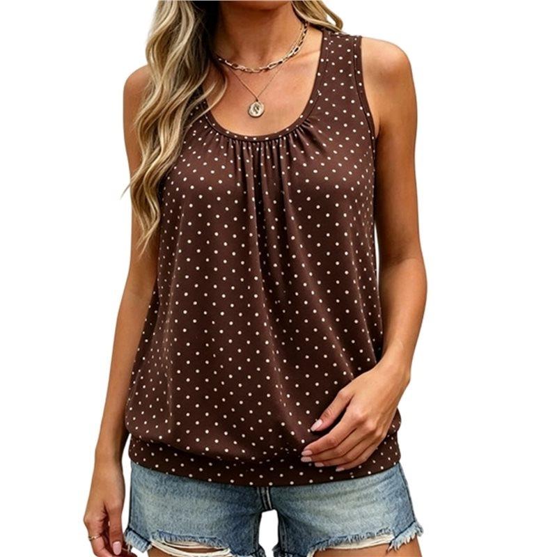 NEU-Damen Polka Dot Tanktops Ärmellos Lockerer Schnitt Plissierte Tuniken Rundhalsausschnitt Sommerurlaub Outfits Schwarz