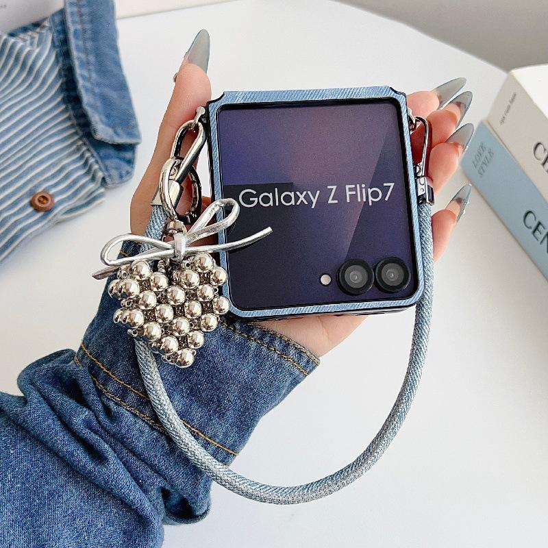 Samsung Z Flip7 Case: Stylish Denim Texture, Drop-Proof, Foldable Screen Protection, Anti-Lost Wrist Strap, Lanyard Included.