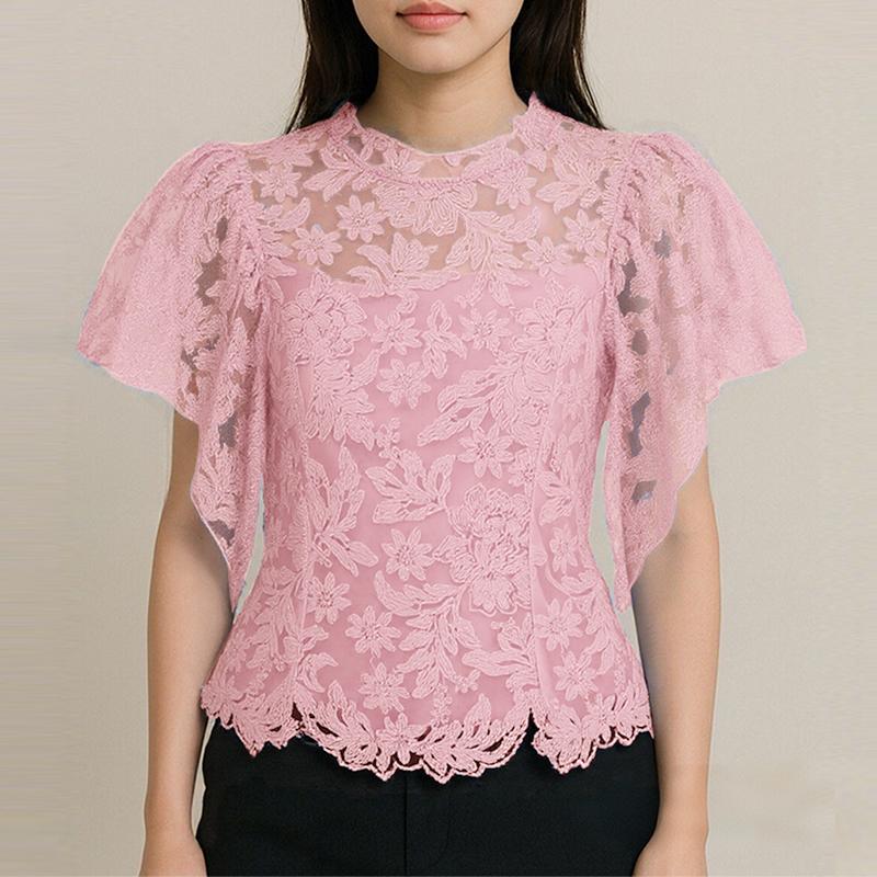 

ZANZEA Женская повседневная летняя блузка с круглым вырезом, рукавами-рюшами и кружевом 5XL розовый