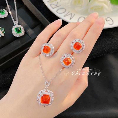 Moda Simulación Naranja Torre de Azúcar Anillos de Cristal Multicolor Para Mujer Lujo Zirconia Sets Pendientes de Botón Colgantes Collares