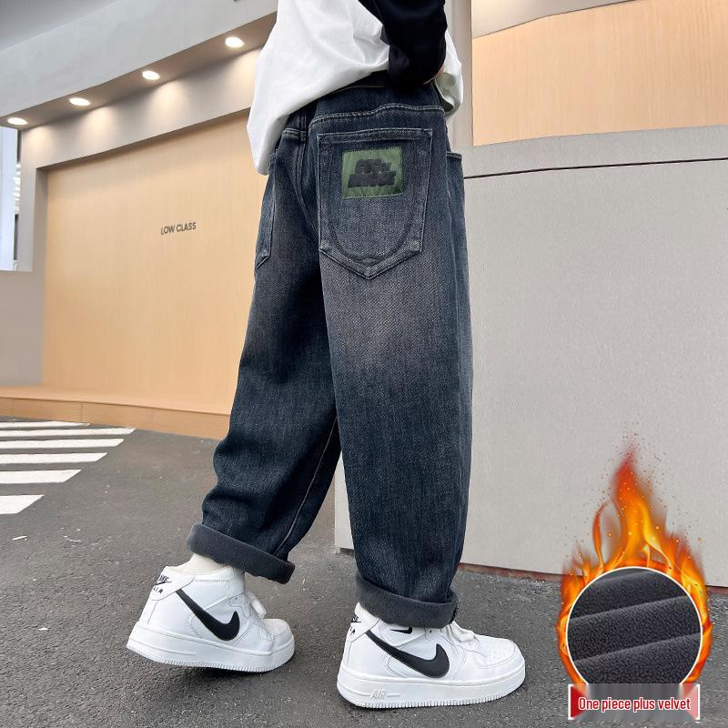 Jungen Winter Fleece-gefütterte dicke Jeans - 2025 Trendige warme Baumwollhosen für Kinder (mittlere bis große Größen) für Herbst/Winter.
