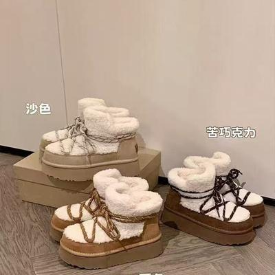 Fleece Straps Color Matching New Autumn and Winter Thick-soled Lamb Wool Short Boots Women's Snow Boots Cotton Shoes Women
