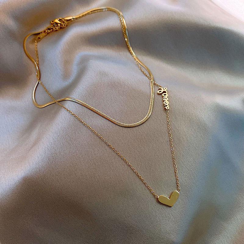 Double-Layer Heart and Snake Bone Necklace - Titanium Steel, Non-Fading, Trendy Minimalist Style for Women