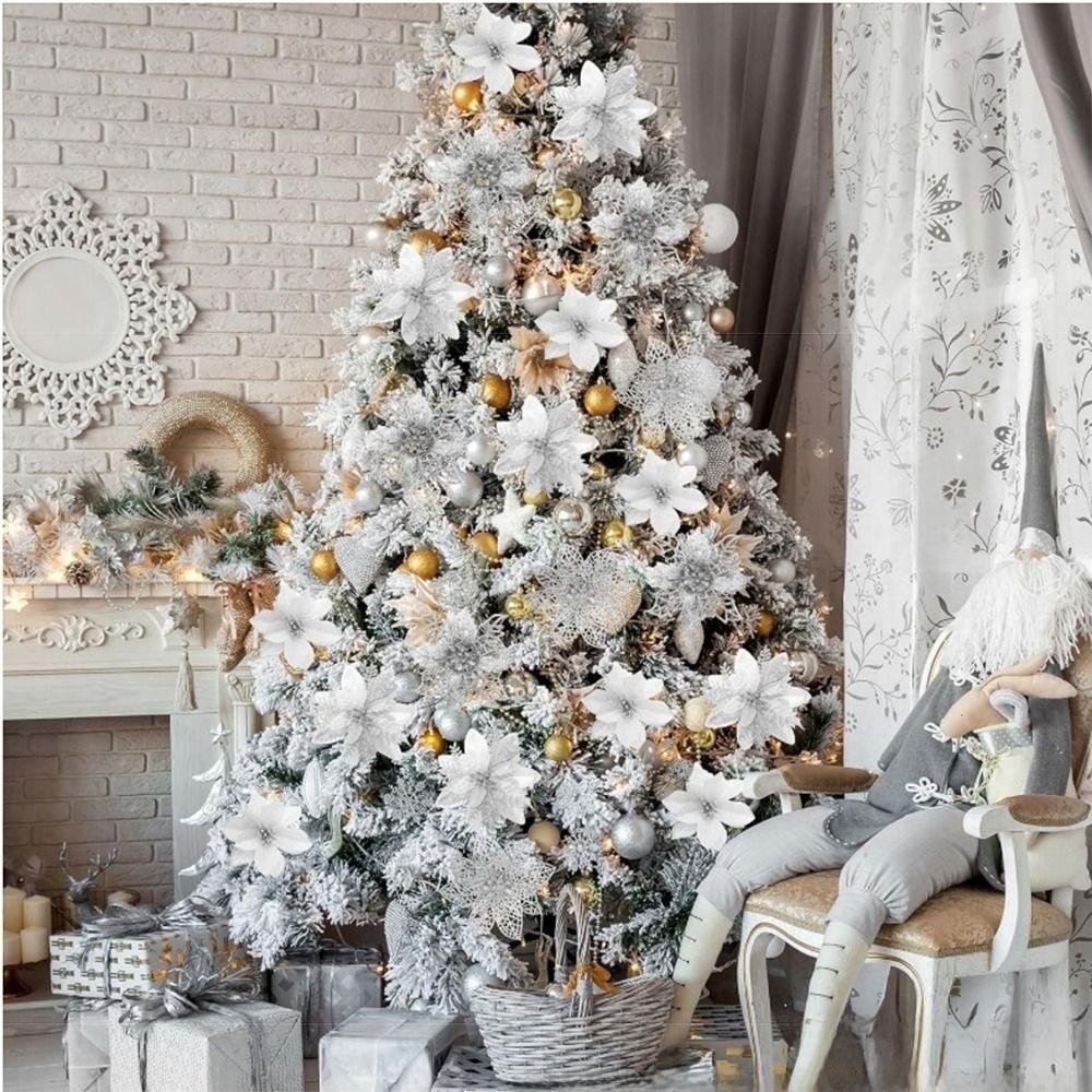 12Pcs With Clips Artificial Christmas Flowers with Stems Christmas Fake Blooms Wedding Decor