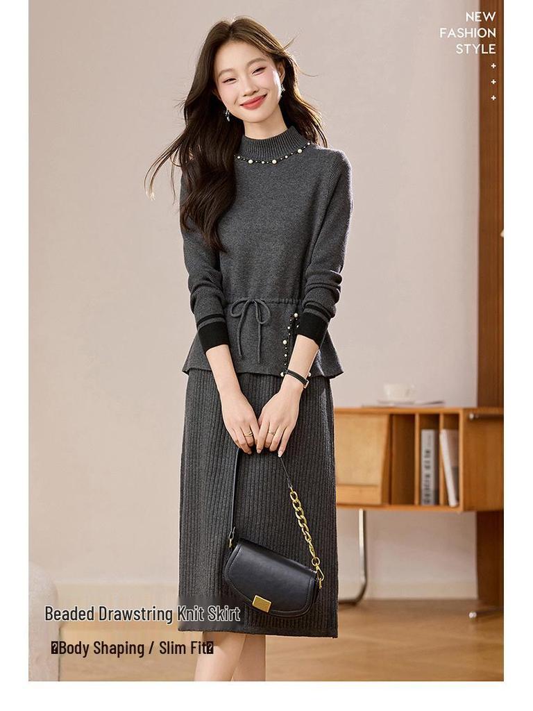 2026 Beaded Knit Sweater Dress - Women's Mid-Length Autumn Winter Solid Color Vest Dress