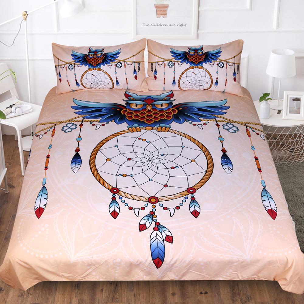 

High-Quality Soft Owl Beding Set Feather Dream Catcher Bedding Full Queen King Size Comforter Set Luxury Bedclothes Colorfast EU single(135x200cm)