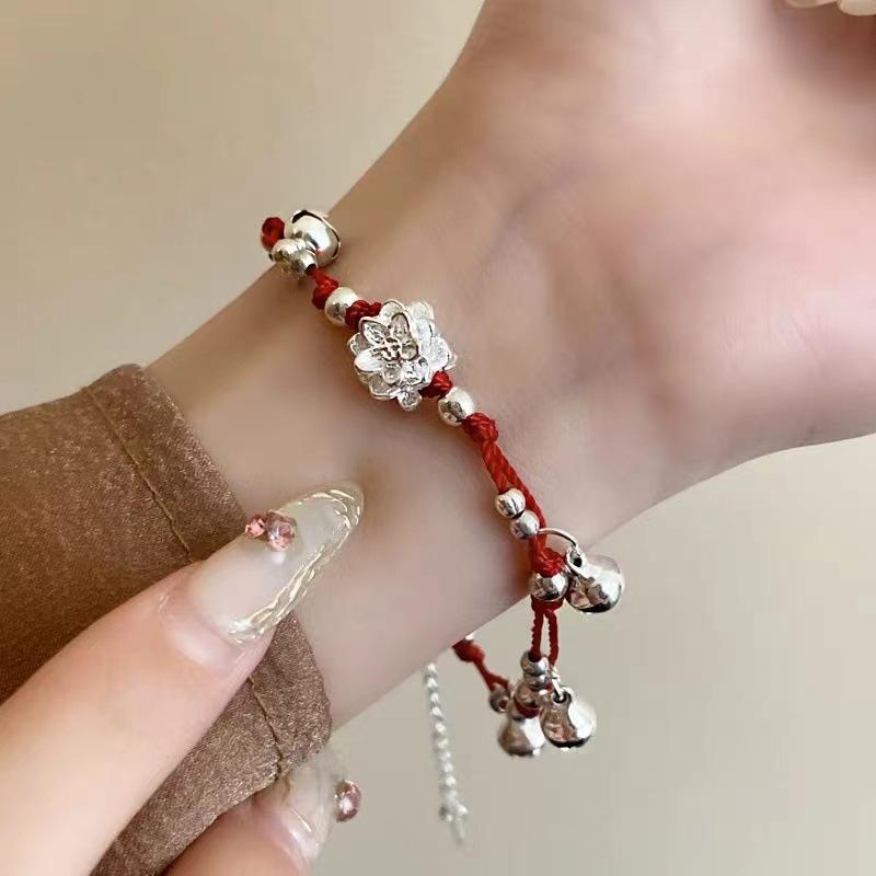 1Pcs Ethnic Trendy Hand Accessories Pulseras Chinese Style Woven Bracelets Red Rope Bell Lotus Flower Bracelets For Women