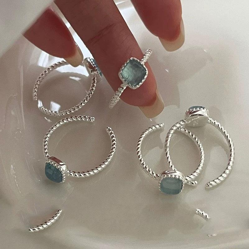 925 Sterling Silver Rings For Women Geometric Fine Jewelry Finger Adjustable Simple BLue Stone CZ Ring For Party Birthday Gift
