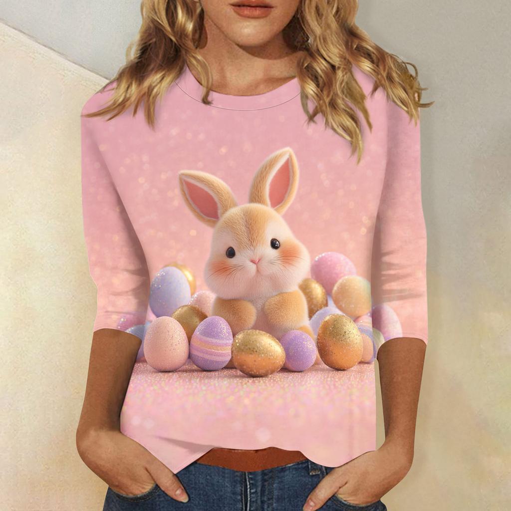 Women's Tops Three-quarter Sleeve Shirt Round-neck Loose Casual Shirt Print T-shirt