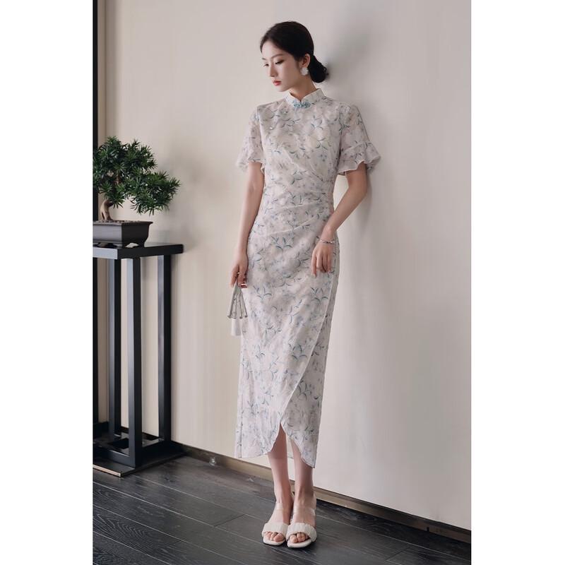 JK&JS New Chinese Style Chiffon Floral Slim Cheongsam Dress