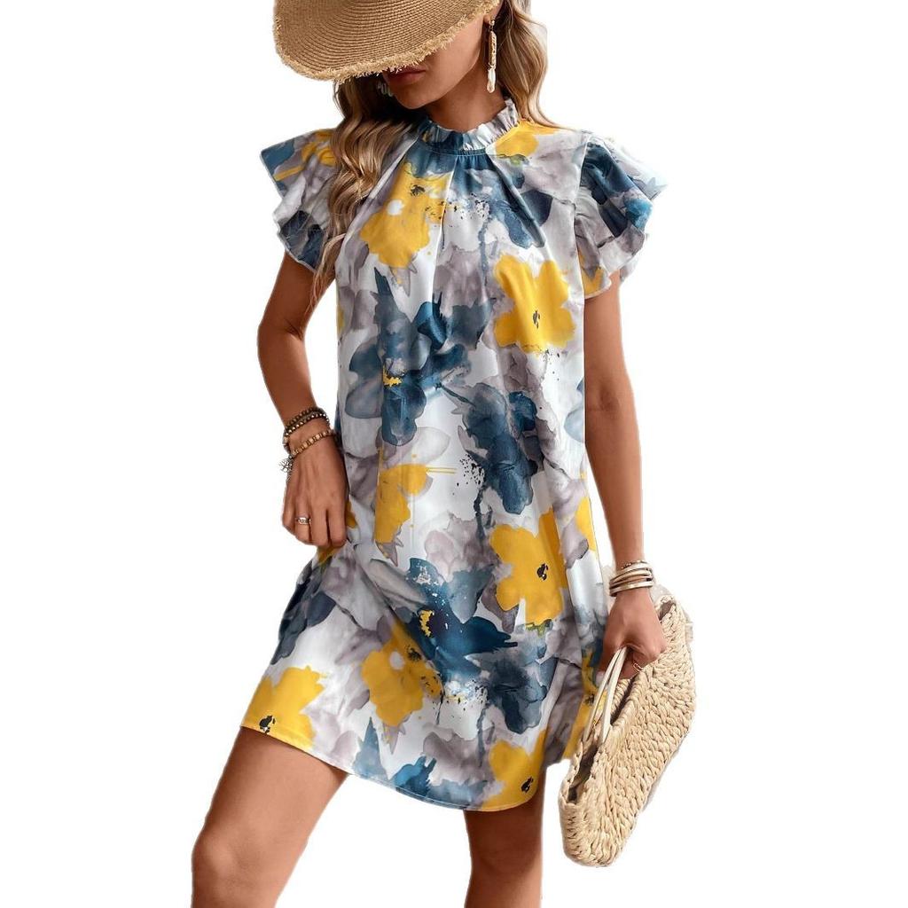 A New Summer Printed V-neck Short-sleeved Loose Dress for Women