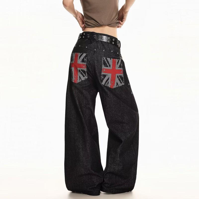 American Vintage Embroidered Wide Leg Jeans Unisex High Street Loose Straight Trousers