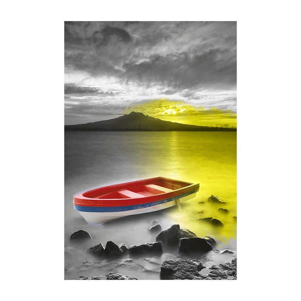 Yellow Boat On The Lake Landscape Canvas Prints Gold Wooden Bridge Mountain Abstract Wall Art Paintings For Home Decor