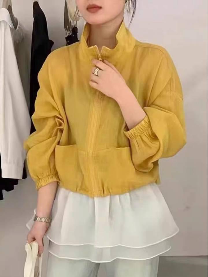 Korean-Style Stand-Up Collar Zip-Up Sun Protection Jacket for Women - 2025 Spring/Summer Cotton-Linen Collection, Slimming and Loose Fit