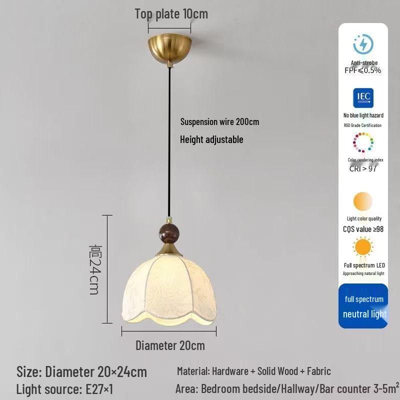 

Mid-Century French Retro Solid Wood Fabric Pendant Light for Bedroom or Bar Counter