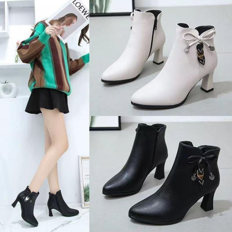 New Velvet Women's Soft-soled Short Boots Leather Shoes Autumn and Winter Versatile Temperament Zipper Pointed High-heeled Martin Boots Women
