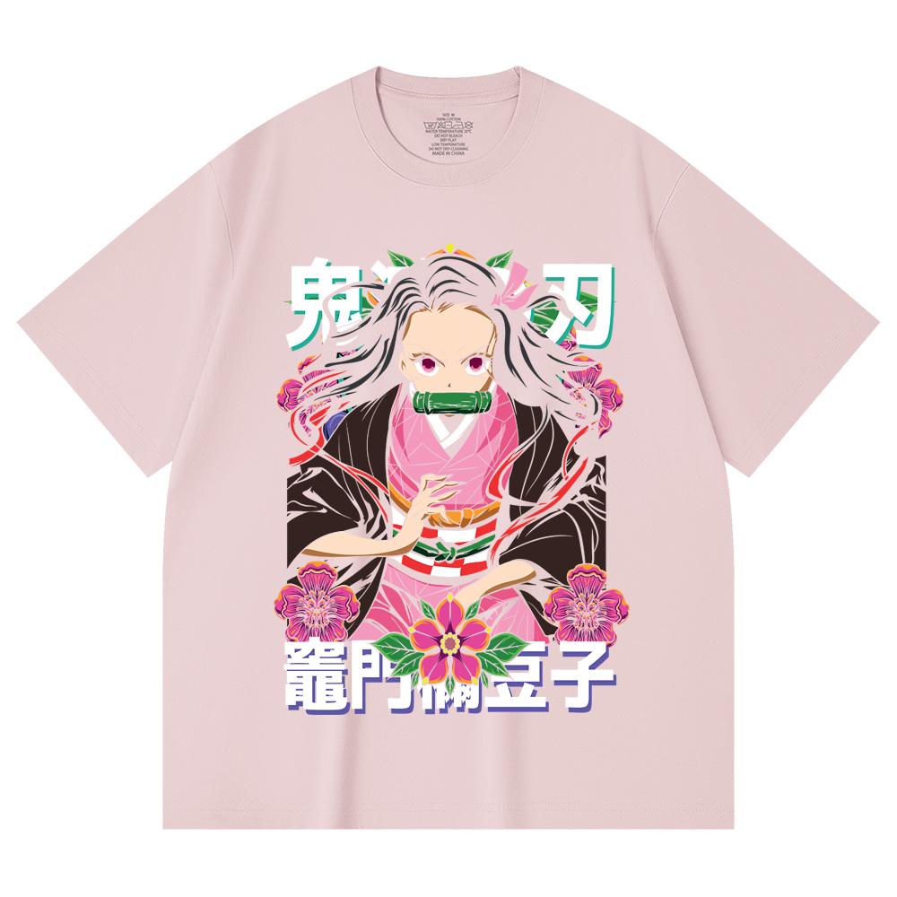 230 Gsm 100% Cotton Demon Slayer V70 Nezuko Flower Print Unisex Heavy Cotton T Shirt