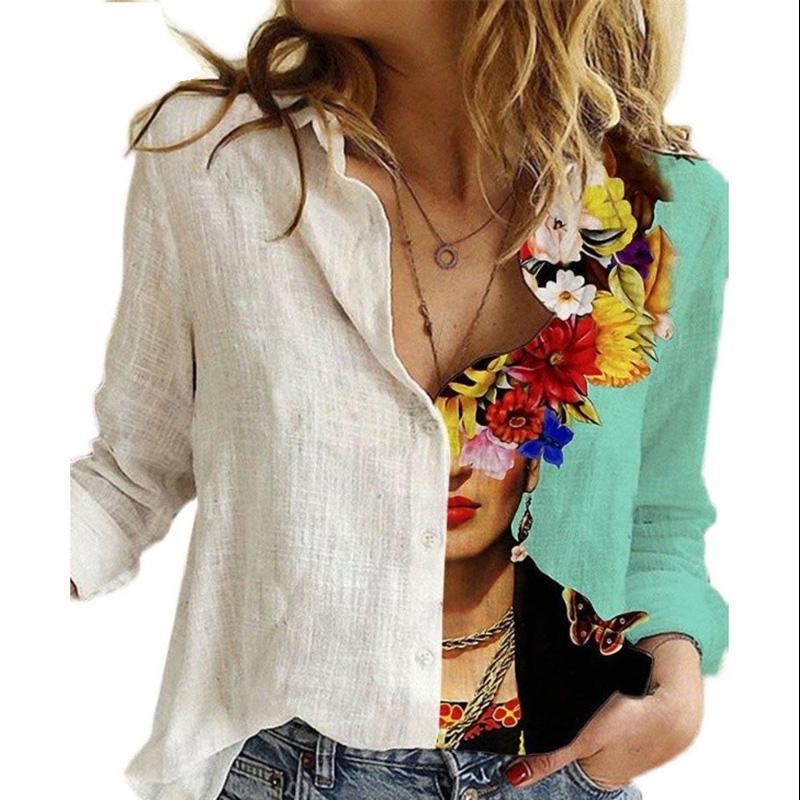 Tier Muster Damenhemd Weißes Oberteil Langarm Revers Lässig Bedruckte Strickjacke Tops