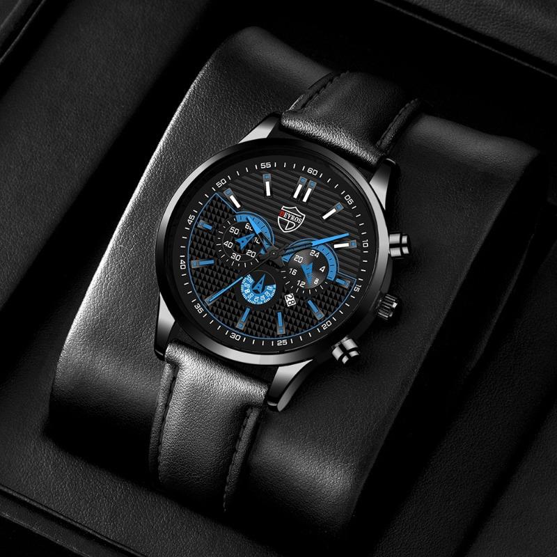 2PCS Set DEYROS Fashion Men's Watch Business Men's Leather Strap Calendar Watch Casual Men's Quartz Watch Men's Gifts