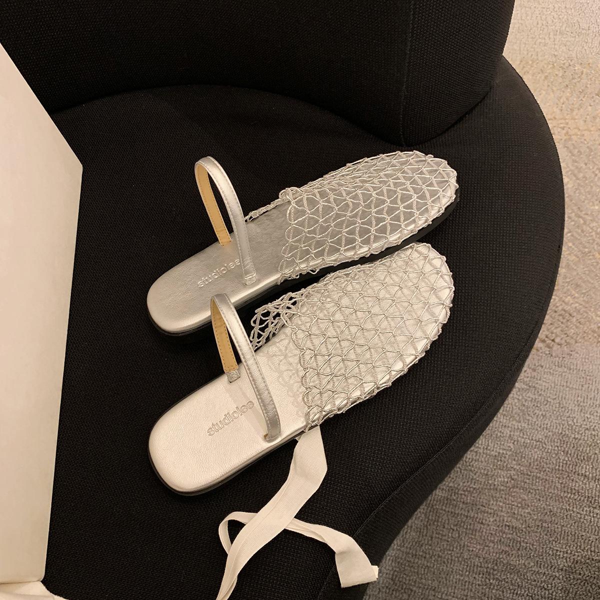 

Sheepskin grape mother mesh hollow bag head half drag word with beach flat bottom slippers women s summer wear cool slippers 40