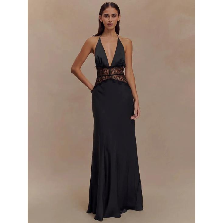 Summer Backless Sexy Maxi Dress Women Gown Patchwork Lace Halter Deep V Neck Sleeveless High Waist Elegant Long Dress