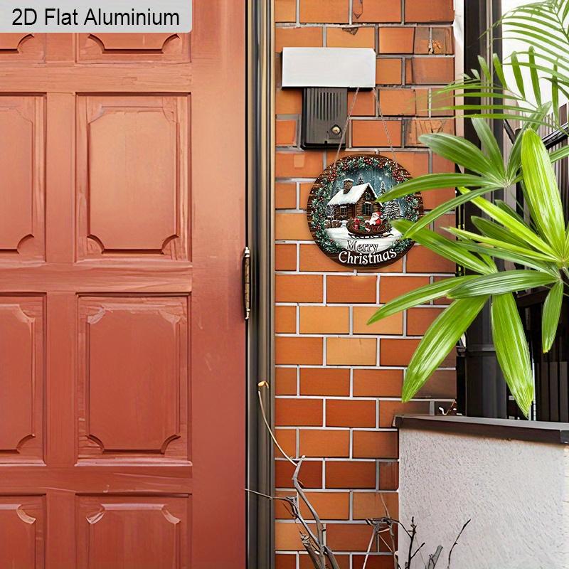 Panneau Joyeux Noël Plat en Aluminium 2D avec Motif Père Noël & Maison - Ornements Figurines Hivernales Chaudes - Idéal pour Porte d'Entrée, Mur, Porche, Fenêtre