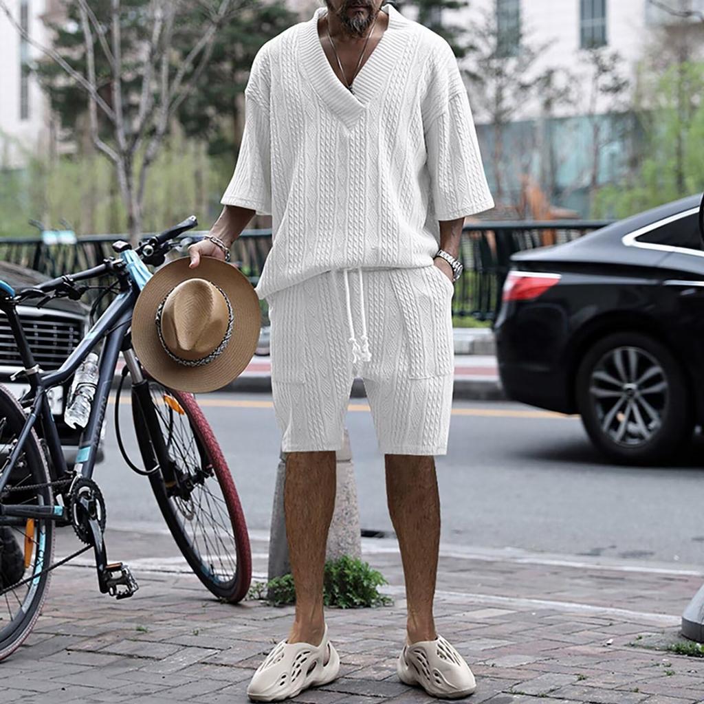 Anmurye Summer Tracksuit Short Sleeve and Casual Oversized Adjustable Solid White L Men's Set, T-Shirt Shorts, V-Neck, Fit, Comfortable, Waist, Color,